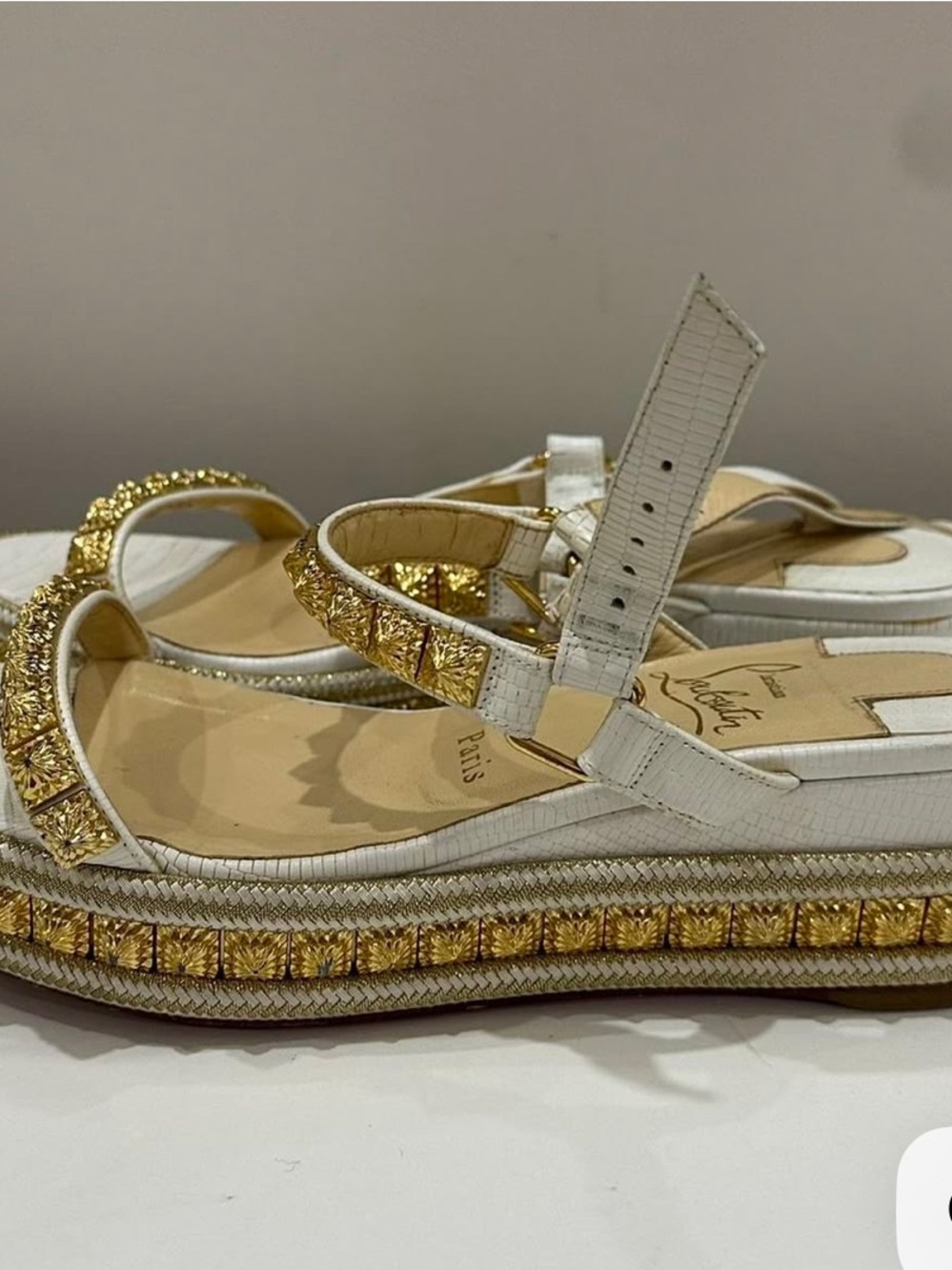 Christian Louboutin White Platform Sandals with Gold Jewel Trim